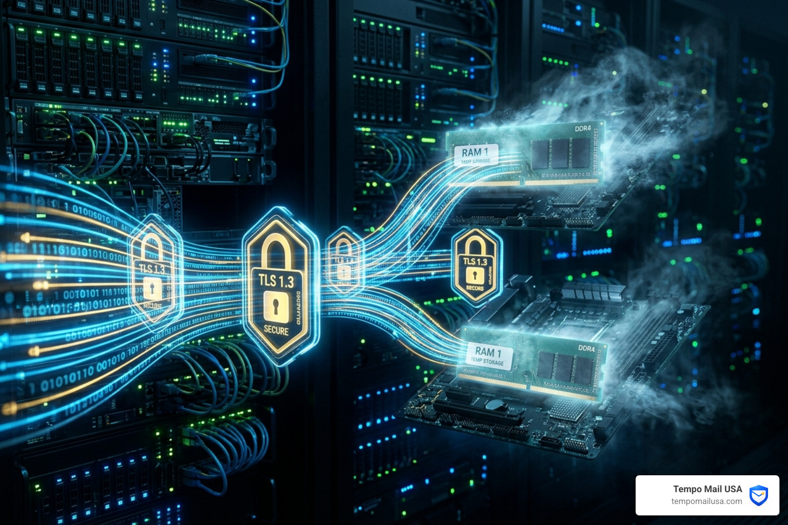 Encrypted data visualization representing the TLS 1.3 and RAM-only storage protocols - tempomailusa review