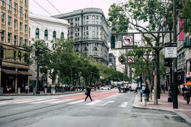 a street with buildings and trees