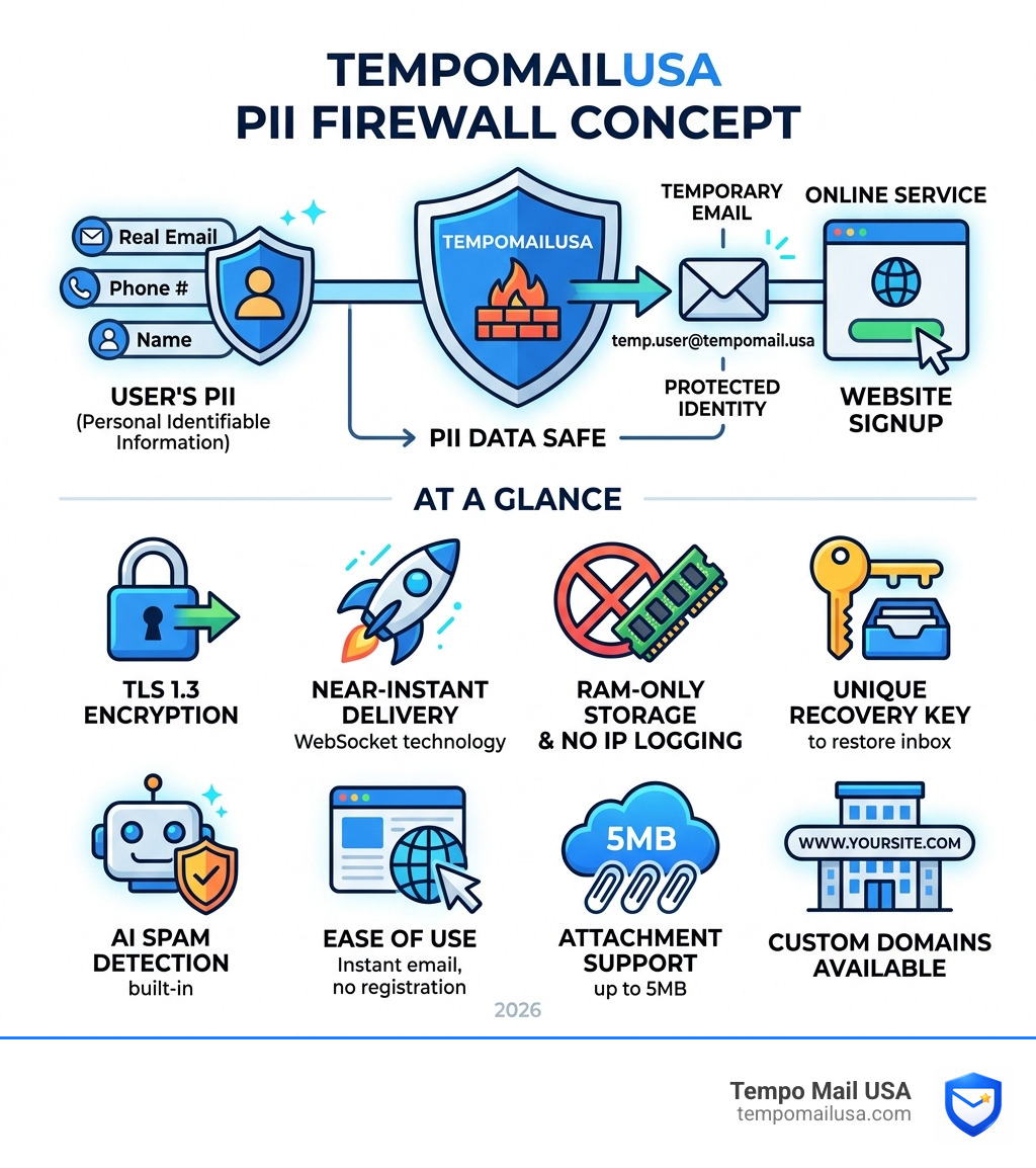Infographic showing TempoMailUSA PII firewall concept and key features at a glance - tempomailusa review infographic