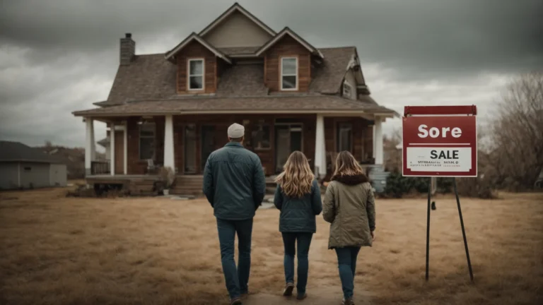 a family stands thoughtfully in front of a small, aging house with a "for sale" sign.
