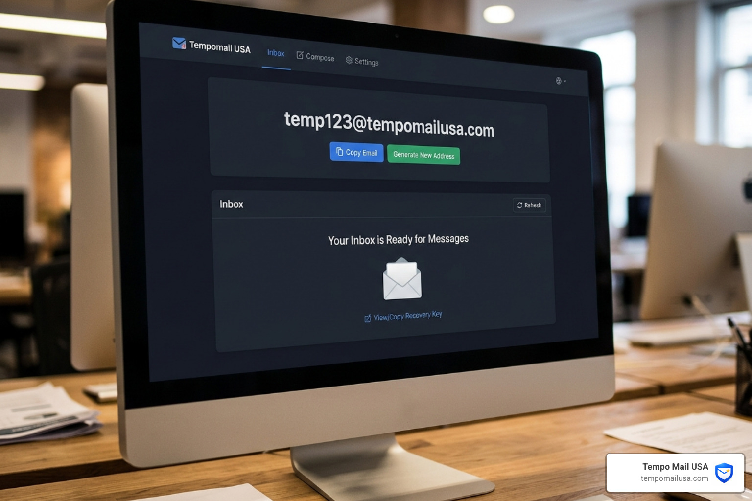 User interface of TempoMailUSA showing the instant email generation dashboard - tempomailusa review