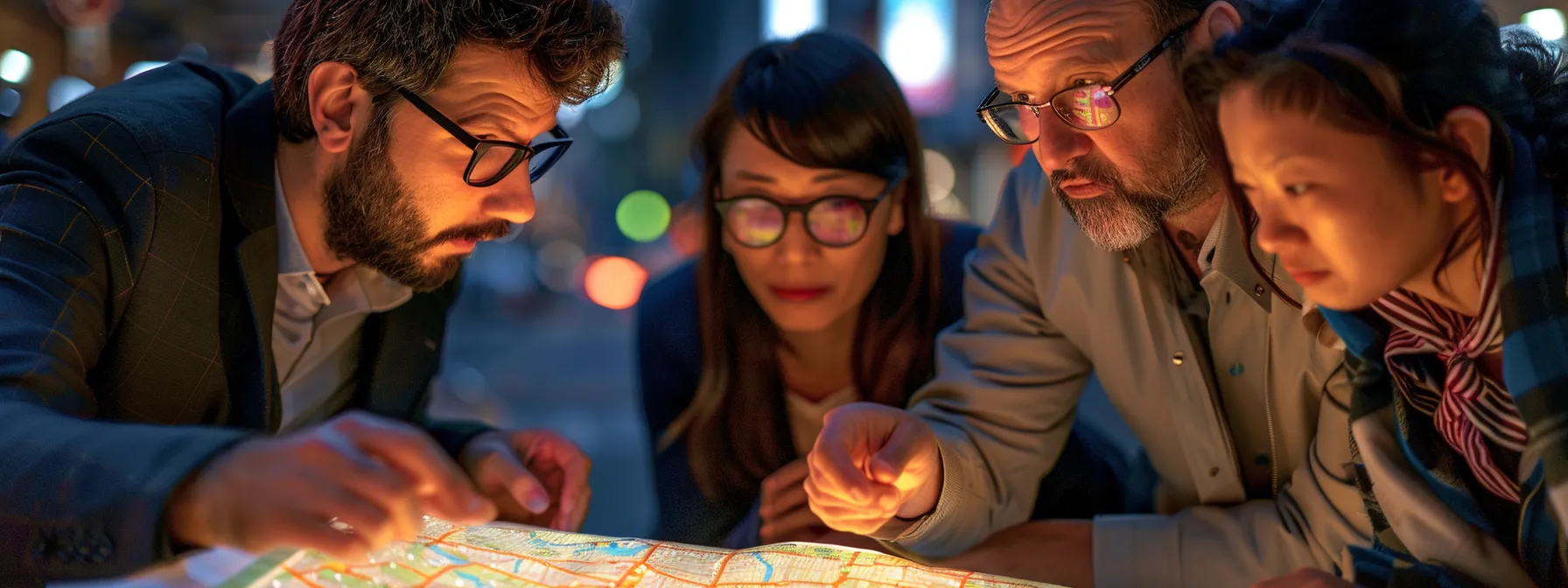 a group of business professionals studying a map with various zip codes marked.